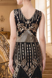 Robe bodycon en V à col en V noire aux sequins dorés noirs des années 1920 avec ensemble 5 pièces
