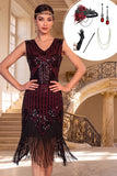 Robe Midi des années 1920 à col en V noir rouge à sequins, un corps moulant à franges avec ensemble d’accessoires 5 pièces