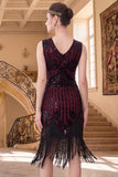 Robe Midi des années 1920 à col en V noir rouge à sequins, un corps moulant à franges avec ensemble d’accessoires 5 pièces