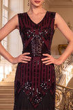Robe Midi des années 1920 à col en V noir rouge à sequins, un corps moulant à franges avec ensemble d’accessoires 5 pièces