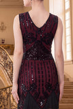 Robe Midi des années 1920 à col en V noir rouge à sequins, un corps moulant à franges avec ensemble d’accessoires 5 pièces