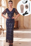 Robe des années 1920 à manches courtes à col en V à col en V bleu marine avec ensemble d’accessoires 5 pièces
