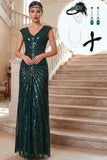 Robe en tulle fourreau vert vert foncé à col en V des années 1920 avec ensemble d’accessoires 4 pièces