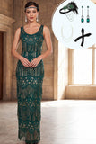 Robe longue longue des années 1920 à col rond vert foncé à paillettes à franges avec ensemble d’accessoires en 4 pièces