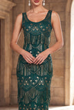 Robe longue longue des années 1920 à col rond vert foncé à paillettes à franges avec ensemble d’accessoires en 4 pièces