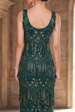 Robe longue longue des années 1920 à col rond vert foncé à paillettes à franges avec ensemble d’accessoires en 4 pièces