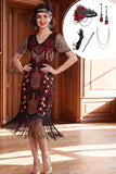 Robe bodycon franges à col en V noire rouge des années 1920 avec ensemble d’accessoires 5 pièces