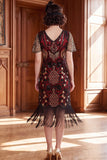 Robe bodycon franges à col en V noire rouge des années 1920 avec ensemble d’accessoires 5 pièces