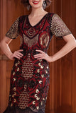 Robe bodycon franges à col en V noire rouge des années 1920 avec ensemble d’accessoires 5 pièces