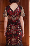 Robe bodycon franges à col en V noire rouge des années 1920 avec ensemble d’accessoires 5 pièces