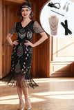 Robe noire argentée à col en V avec paillettes franges des années 1920 avec ensemble d’accessoires 5 pièces