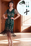 Robe bodycon moulante des années 1920 à col en V vert foncé à sequins à franges, avec ensemble d’accessoires en 4 pièces
