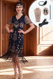 Robe bodycon des années 1920, franges à franges argentées noires, à col en V argenté, avec un ensemble d’accessoires 5 pièces