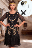 Robe noire dorée à sequins à col rond ligne A à manches demi-manches des années 1920 avec ensemble d’accessoires 4 pièces