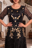 Robe noire dorée à sequins à col rond ligne A à manches demi-manches des années 1920 avec ensemble d’accessoires 4 pièces