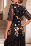 Robe noire dorée à sequins à col rond ligne A à manches demi-manches des années 1920 avec ensemble d’accessoires 4 pièces