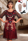 Robe noire rouge à paillettes à col rond ligne A à manches demi-manches des années 1920 avec ensemble d’accessoires 4 pièces