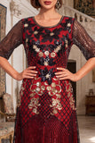 Robe noire rouge à paillettes à col rond ligne A à manches demi-manches des années 1920 avec ensemble d’accessoires 4 pièces