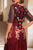 Robe noire rouge à paillettes à col rond ligne A à manches demi-manches des années 1920 avec ensemble d’accessoires 4 pièces
