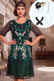 Robe des années 1920 à paillettes vert foncé à col rond à manches demi-ligne A avec ensemble d’accessoires 4 pièces