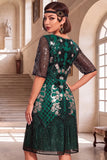 Robe des années 1920 à paillettes vert foncé à col rond à manches demi-ligne A avec ensemble d’accessoires 4 pièces
