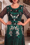 Robe des années 1920 à paillettes vert foncé à col rond à manches demi-ligne A avec ensemble d’accessoires 4 pièces
