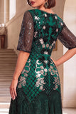 Robe des années 1920 à paillettes vert foncé à col rond à manches demi-ligne A avec ensemble d’accessoires 4 pièces