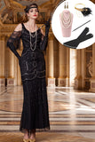Robe longue noire à paillettes à épaules froides avec franges des années 1920 et ensemble d’accessoires 5 pièces