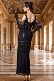 Robe longue noire à paillettes à épaules froides avec franges des années 1920 et ensemble d’accessoires 5 pièces