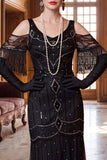 Robe longue noire à paillettes à épaules froides avec franges des années 1920 et ensemble d’accessoires 5 pièces