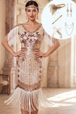 Robe midi des années 1920 à franges abricot à paillettes avec anneau et ensemble d’accessoires 5 pièces