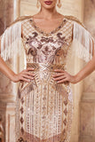 Robe midi des années 1920 à franges abricot à paillettes avec anneau et ensemble d’accessoires 5 pièces