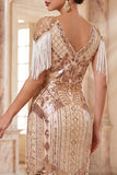 Robe midi des années 1920 à franges abricot à paillettes avec anneau et ensemble d’accessoires 5 pièces