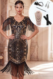Robe midi noire dorée à col en V à franges des années 1920 avec ensemble d’accessoires 5 pièces
