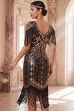 Robe midi noire dorée à col en V à franges des années 1920 avec ensemble d’accessoires 5 pièces