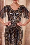 Robe midi noire dorée à col en V à franges des années 1920 avec ensemble d’accessoires 5 pièces