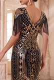 Robe midi noire dorée à col en V à franges des années 1920 avec ensemble d’accessoires 5 pièces