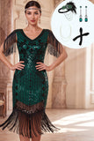 Robe Midi Midi Bodycon Bodycon des années 1920 vert foncé à paillettes à franges avec ensemble d’accessoires en 4 pièces
