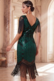 Robe Midi Midi Bodycon Bodycon des années 1920 vert foncé à paillettes à franges avec ensemble d’accessoires en 4 pièces