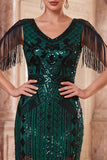 Robe Midi Midi Bodycon Bodycon des années 1920 vert foncé à paillettes à franges avec ensemble d’accessoires en 4 pièces