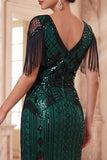 Robe Midi Midi Bodycon Bodycon des années 1920 vert foncé à paillettes à franges avec ensemble d’accessoires en 4 pièces