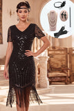 Robe moulante midi des années 1920 à col en V noir à perles perlées et paillettes, avec un ensemble d’accessoires 4 pièces