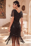 Robe moulante midi des années 1920 à col en V noir à perles perlées et paillettes, avec un ensemble d’accessoires 4 pièces