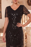 Robe moulante midi des années 1920 à col en V noir à perles perlées et paillettes, avec un ensemble d’accessoires 4 pièces