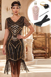 Robe bodycon midi des années 1920 à paillettes noires dorées à paillettes à franges avec ensemble d’accessoires 4 pièces