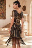 Robe bodycon midi des années 1920 à paillettes noires dorées à paillettes à franges avec ensemble d’accessoires 4 pièces