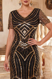 Robe bodycon midi des années 1920 à paillettes noires dorées à paillettes à franges avec ensemble d’accessoires 4 pièces