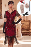 Robe midi des années 1920, paillettes noires rouges, perles et franges, avec ensemble d’accessoires en 4 pièces