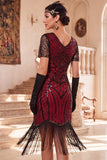 Robe midi des années 1920, paillettes noires rouges, perles et franges, avec ensemble d’accessoires en 4 pièces