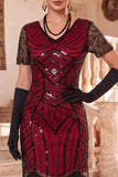 Robe midi des années 1920, paillettes noires rouges, perles et franges, avec ensemble d’accessoires en 4 pièces
